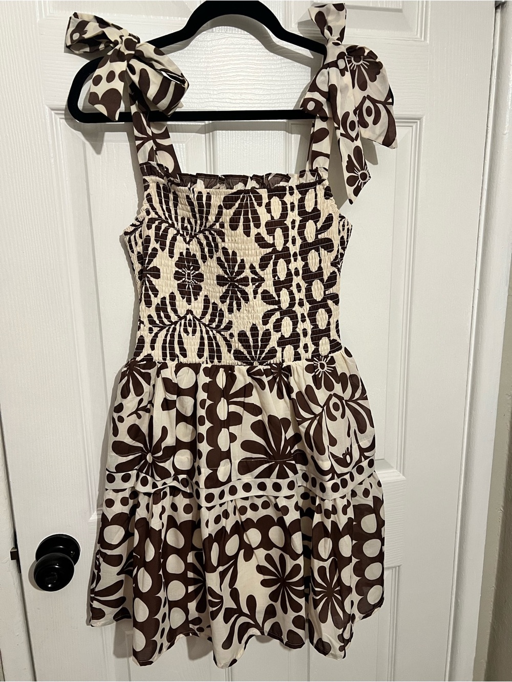 Smocked Tie-Shoulder Mini Dress in Cream and Brown